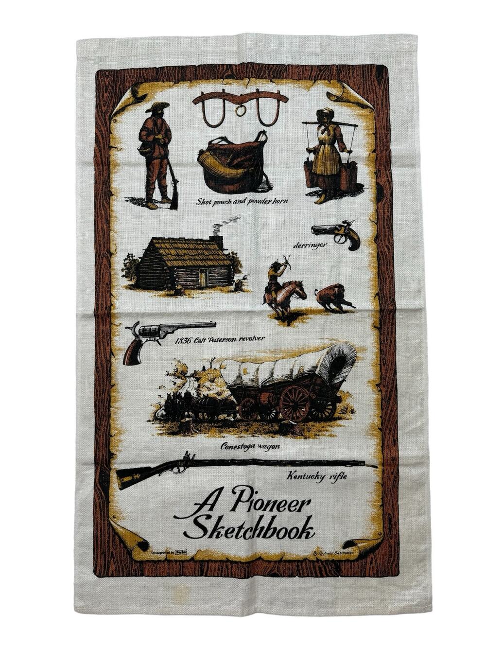 Vintage A Pioneer Sketchbook Linen Tea Towel Kay Dee Western Wagon Brown Tan